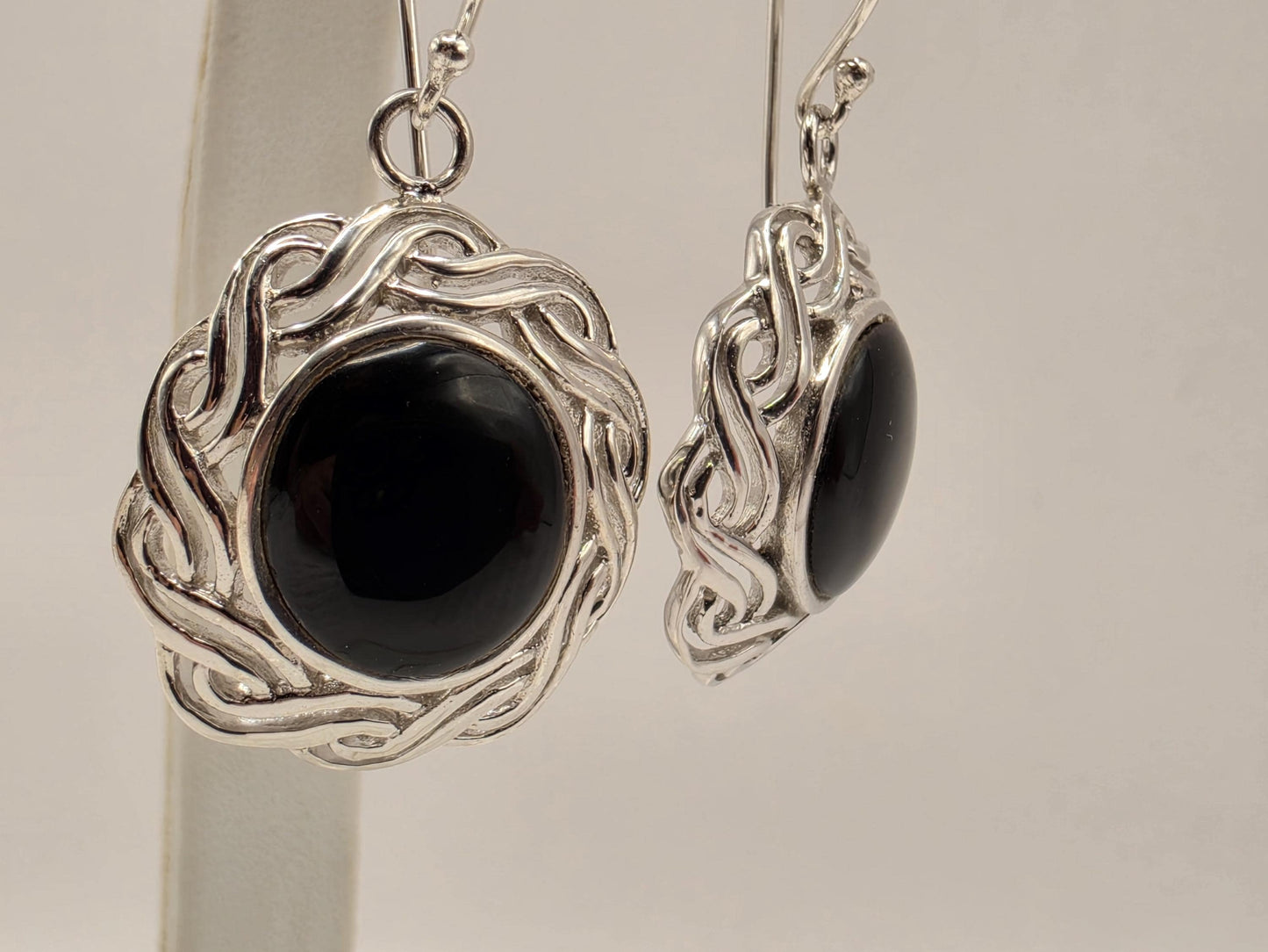 Black Onyx Earrings Sterling Silver Round Cabochon Woven Halo Dangle 1 Inch 9.3 Grams Celtic Bali Statement Gift for Her