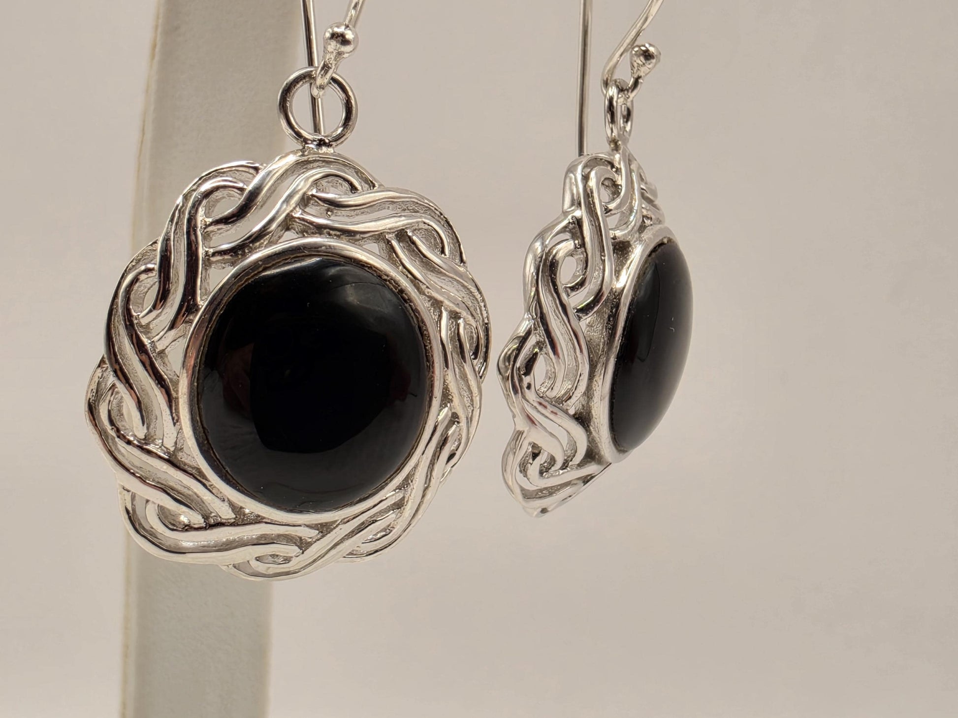 Black Onyx Earrings Sterling Silver Round Cabochon Woven Halo Dangle 1 Inch 9.3 Grams Celtic Bali Statement Gift for Her