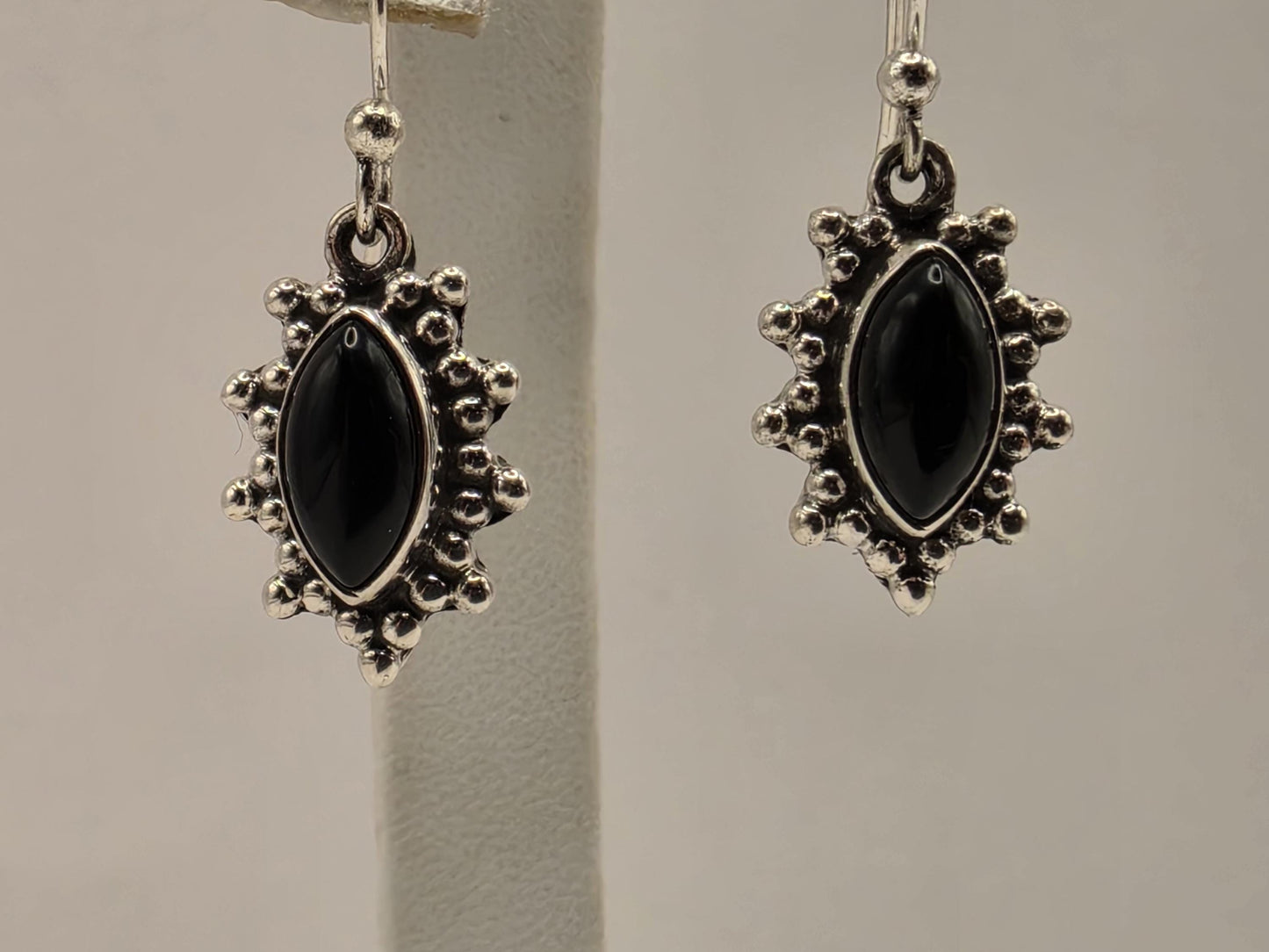 Black Onyx Earrings Sterling Silver Marquise Cabochon Beaded Sunburst Dangle 0.75 Inch Small Bali Gift for Her
