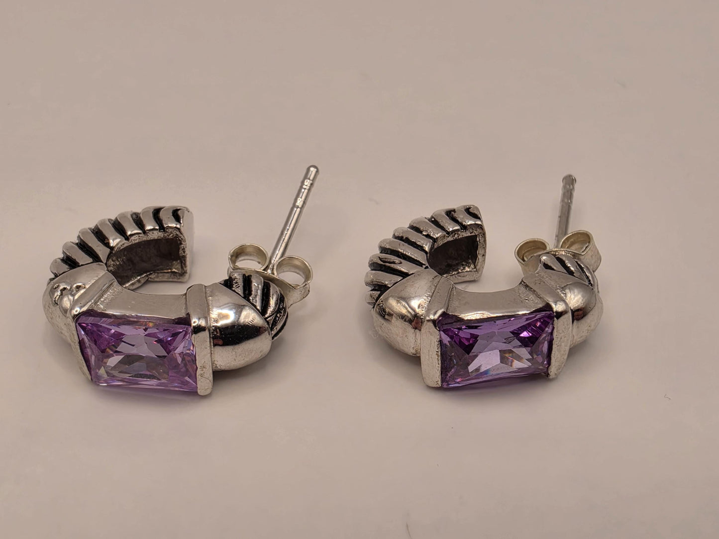 Genuine Amethyst Huggie Hoop Earrings Sterling Silver Baguette Purple Gemstone 0.5 Inch February Birthstone Gift