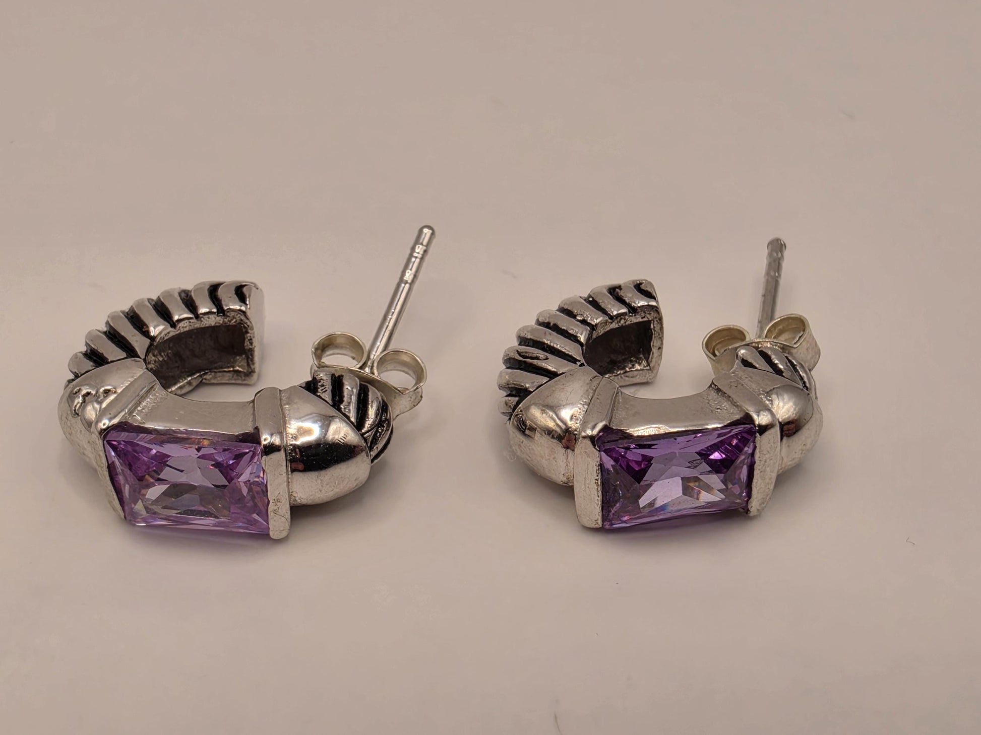 Genuine Amethyst Huggie Hoop Earrings Sterling Silver Baguette Purple Gemstone 0.5 Inch February Birthstone Gift