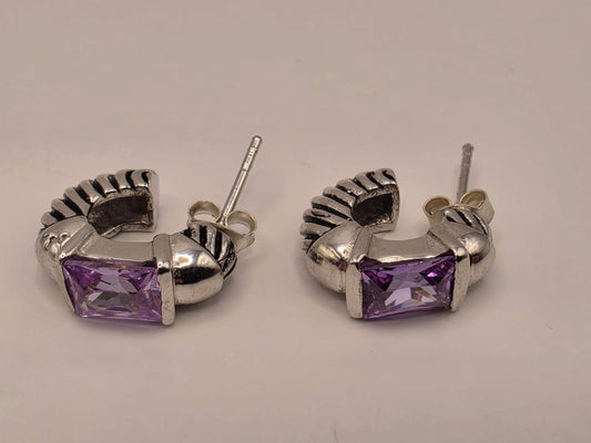 Genuine Amethyst Huggie Hoop Earrings Sterling Silver Baguette Purple Gemstone 0.5 Inch February Birthstone Gift