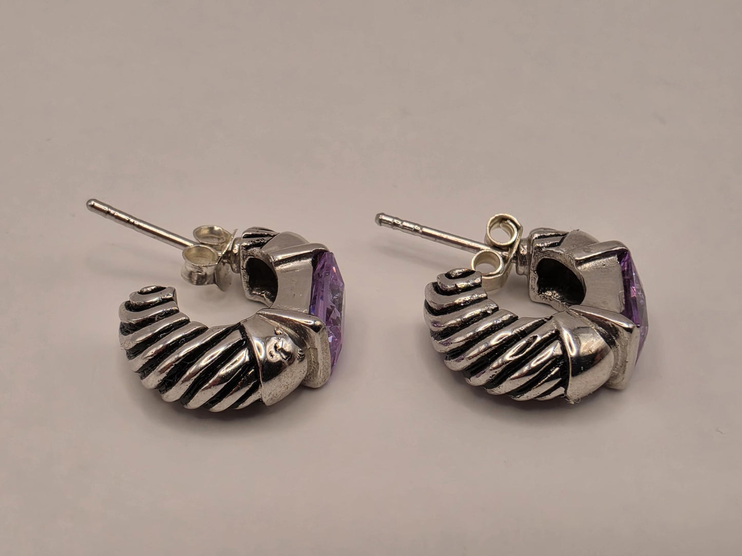 Genuine Amethyst Huggie Hoop Earrings Sterling Silver Baguette Purple Gemstone 0.5 Inch February Birthstone Gift