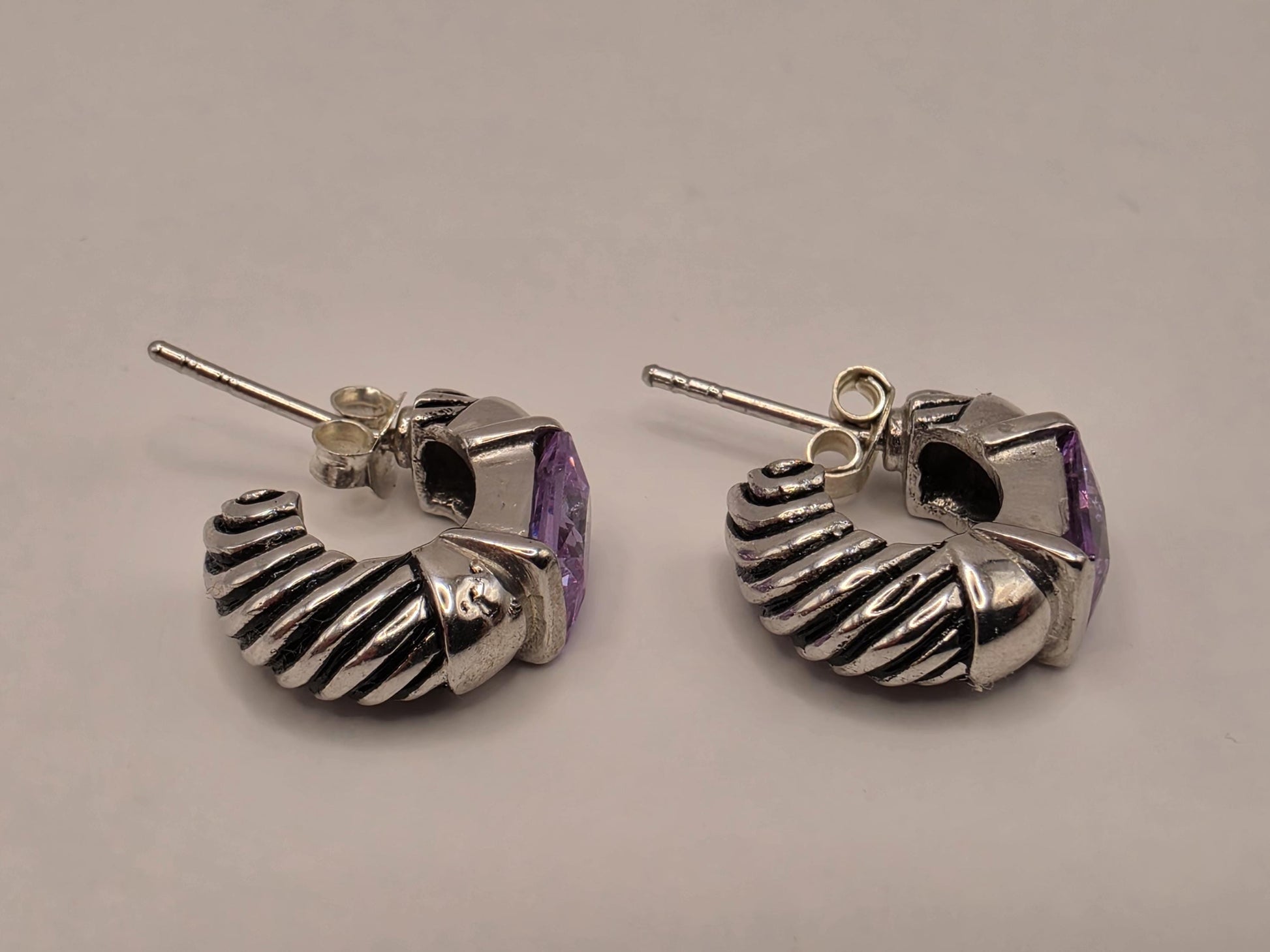 Genuine Amethyst Huggie Hoop Earrings Sterling Silver Baguette Purple Gemstone 0.5 Inch February Birthstone Gift
