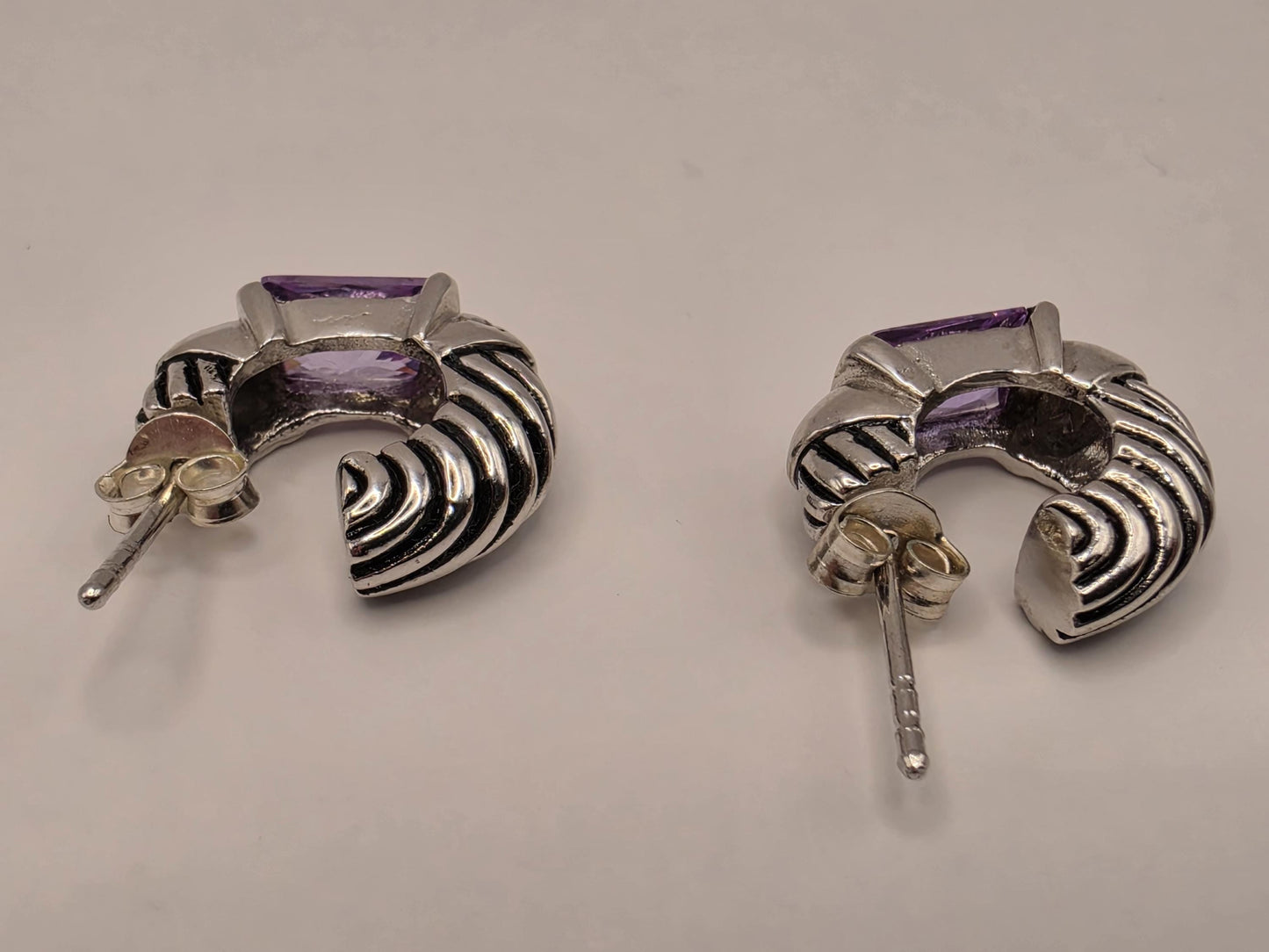 Genuine Amethyst Huggie Hoop Earrings Sterling Silver Baguette Purple Gemstone 0.5 Inch February Birthstone Gift