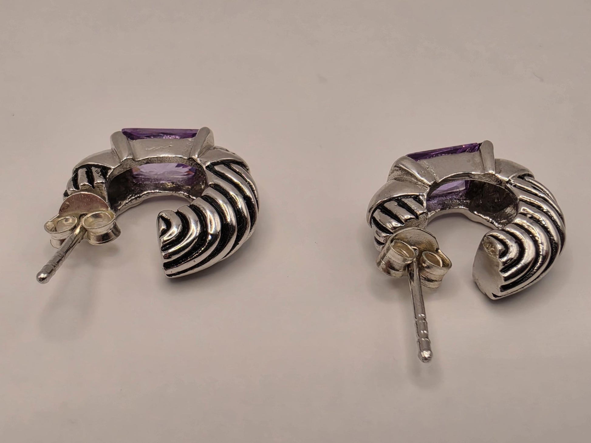 Genuine Amethyst Huggie Hoop Earrings Sterling Silver Baguette Purple Gemstone 0.5 Inch February Birthstone Gift