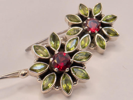 Garnet Peridot Flower Earrings Sterling Silver Floral Cluster Dangle 0.625 Inch Red Green Gemstone Birthstone Gift for Her