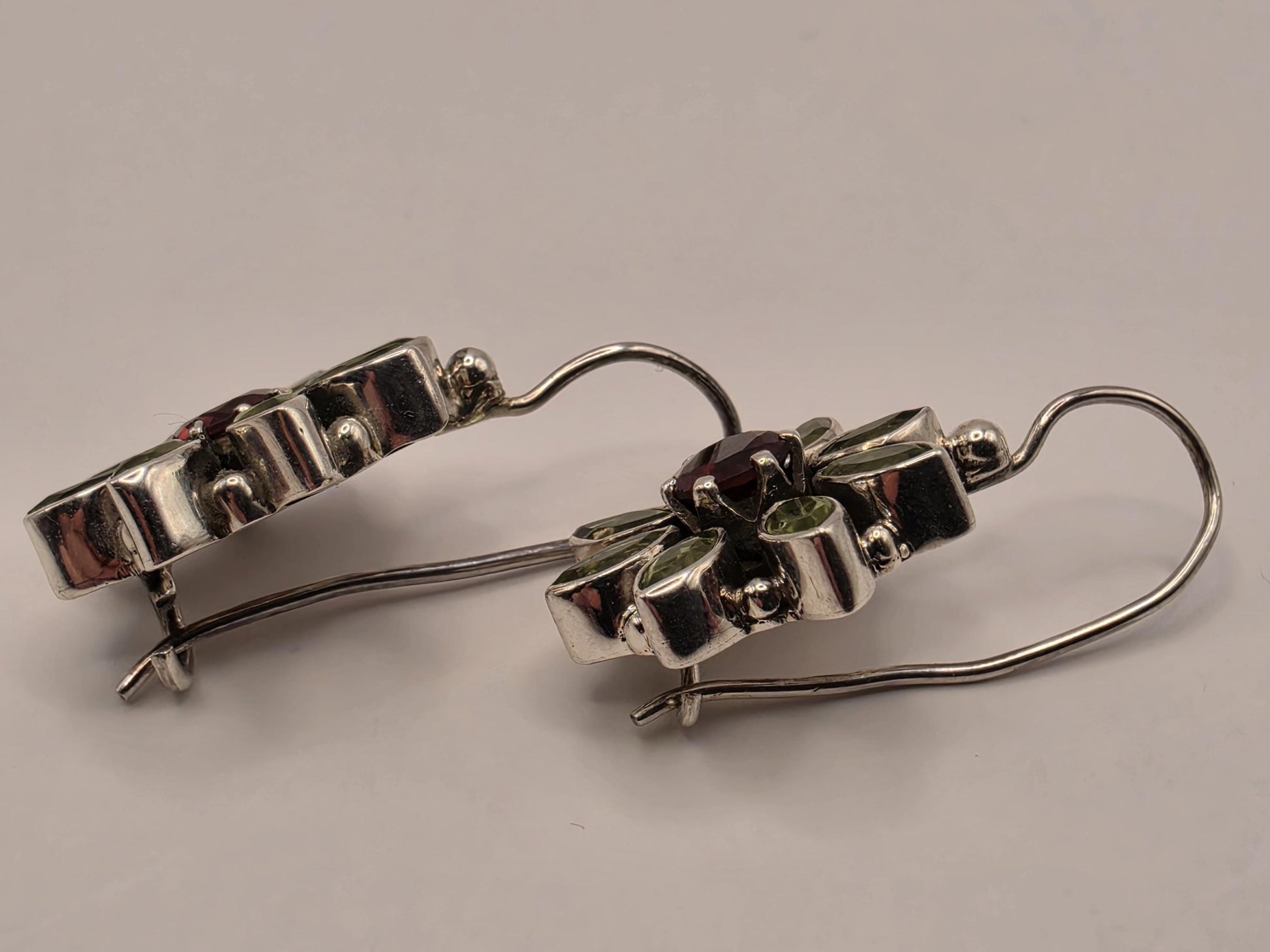 Garnet Peridot Flower Earrings Sterling Silver Floral Cluster Dangle 0.625 Inch Red Green Gemstone Birthstone Gift for Her