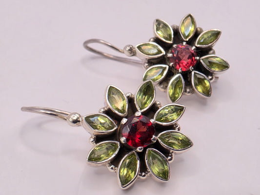Garnet Peridot Flower Earrings Sterling Silver Floral Cluster Dangle 0.625 Inch Red Green Gemstone Birthstone Gift for Her