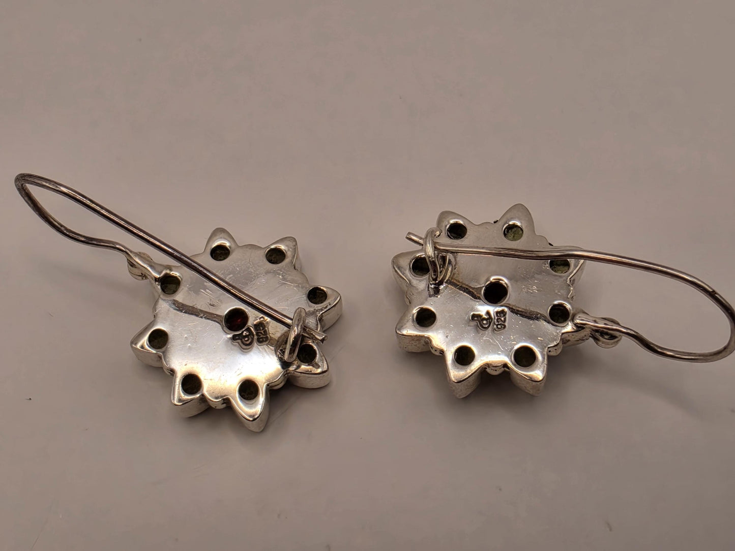 Garnet Peridot Flower Earrings Sterling Silver Floral Cluster Dangle 0.625 Inch Red Green Gemstone Birthstone Gift for Her