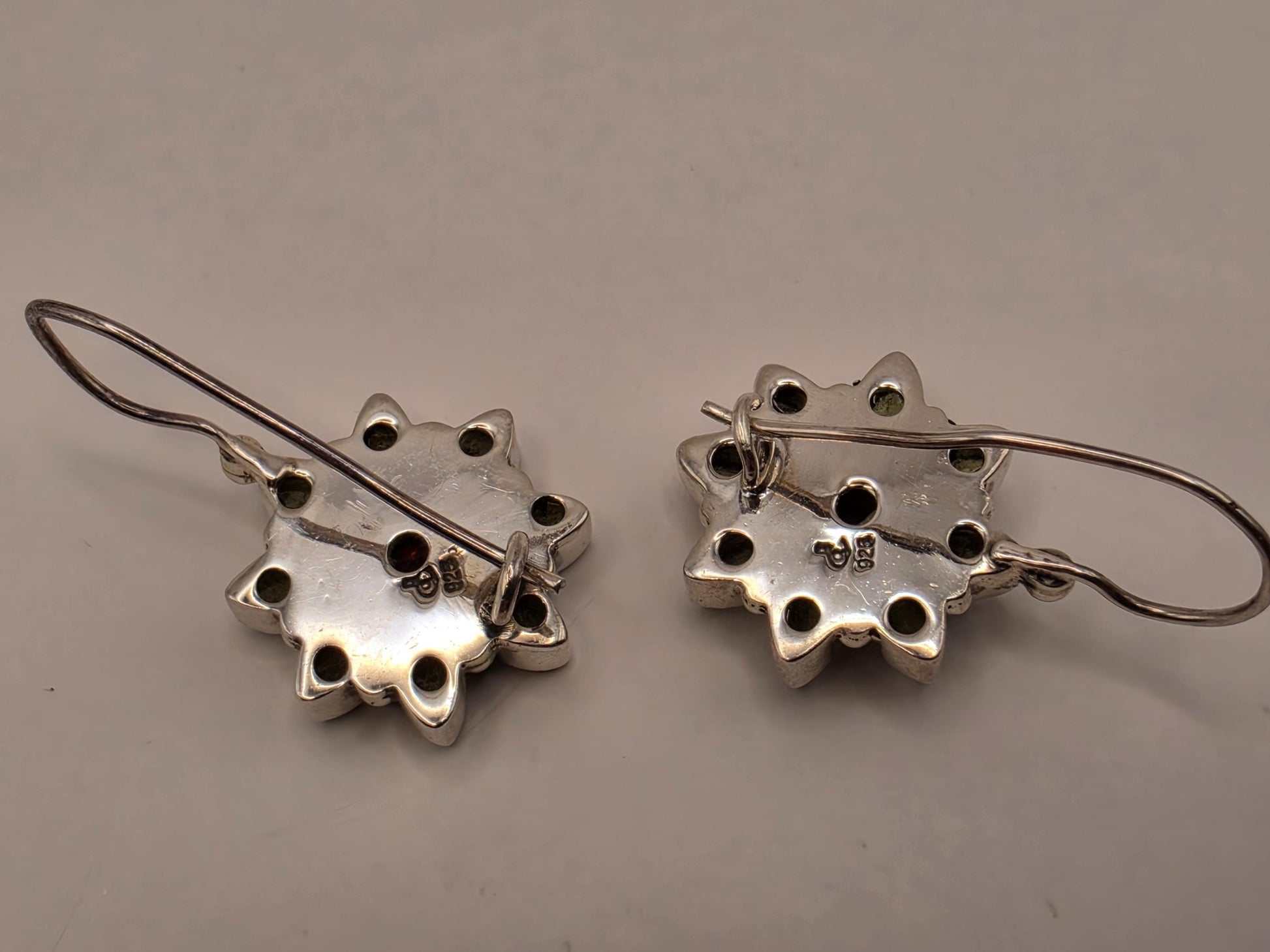 Garnet Peridot Flower Earrings Sterling Silver Floral Cluster Dangle 0.625 Inch Red Green Gemstone Birthstone Gift for Her