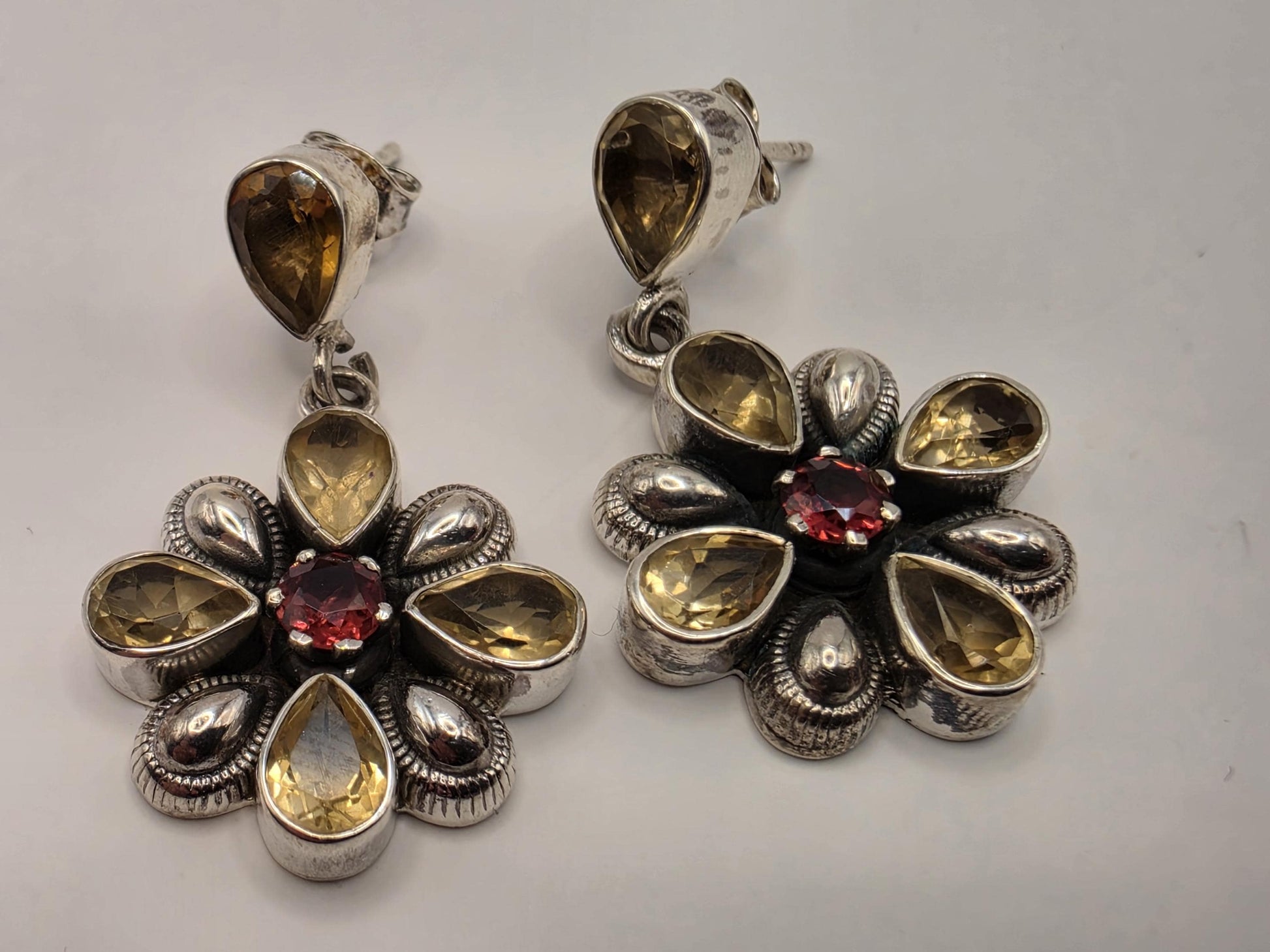 Citrine Garnet Flower Earrings Sterling Silver Floral Drop 1 Inch Yellow Red Gemstone November January Birthstone Gift