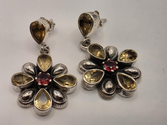 Citrine Garnet Flower Earrings Sterling Silver Floral Drop 1 Inch Yellow Red Gemstone November January Birthstone Gift