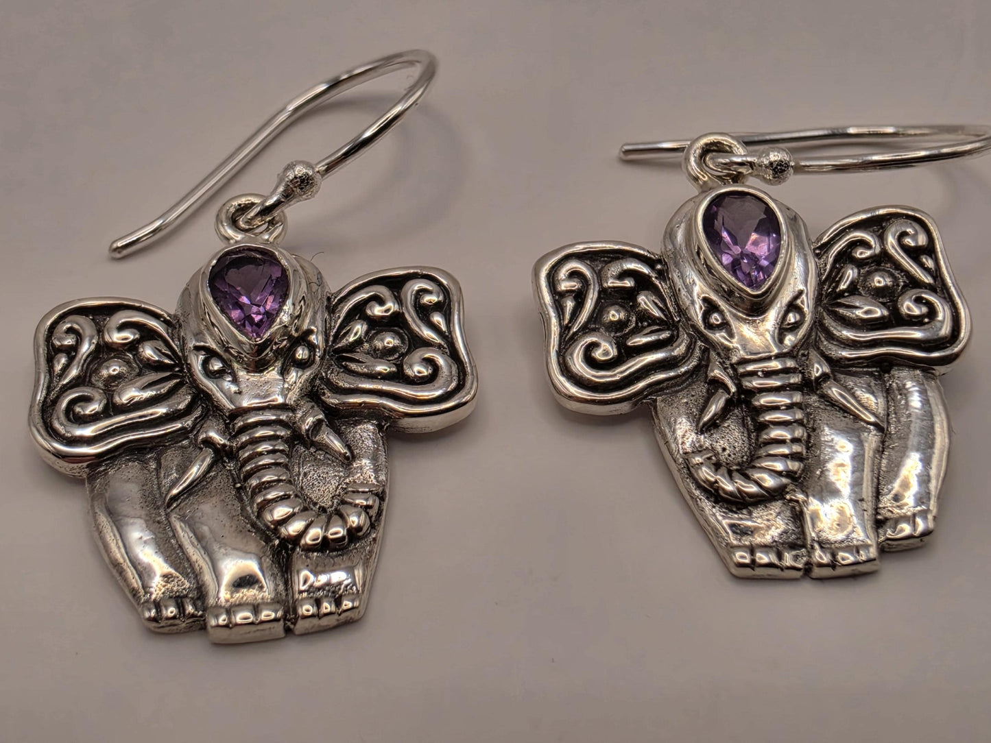 Amethyst Elephant Earrings Sterling Silver Bali Dangle 0.75 Inch Purple Gemstone Animal Lover Good Luck Gift for Her