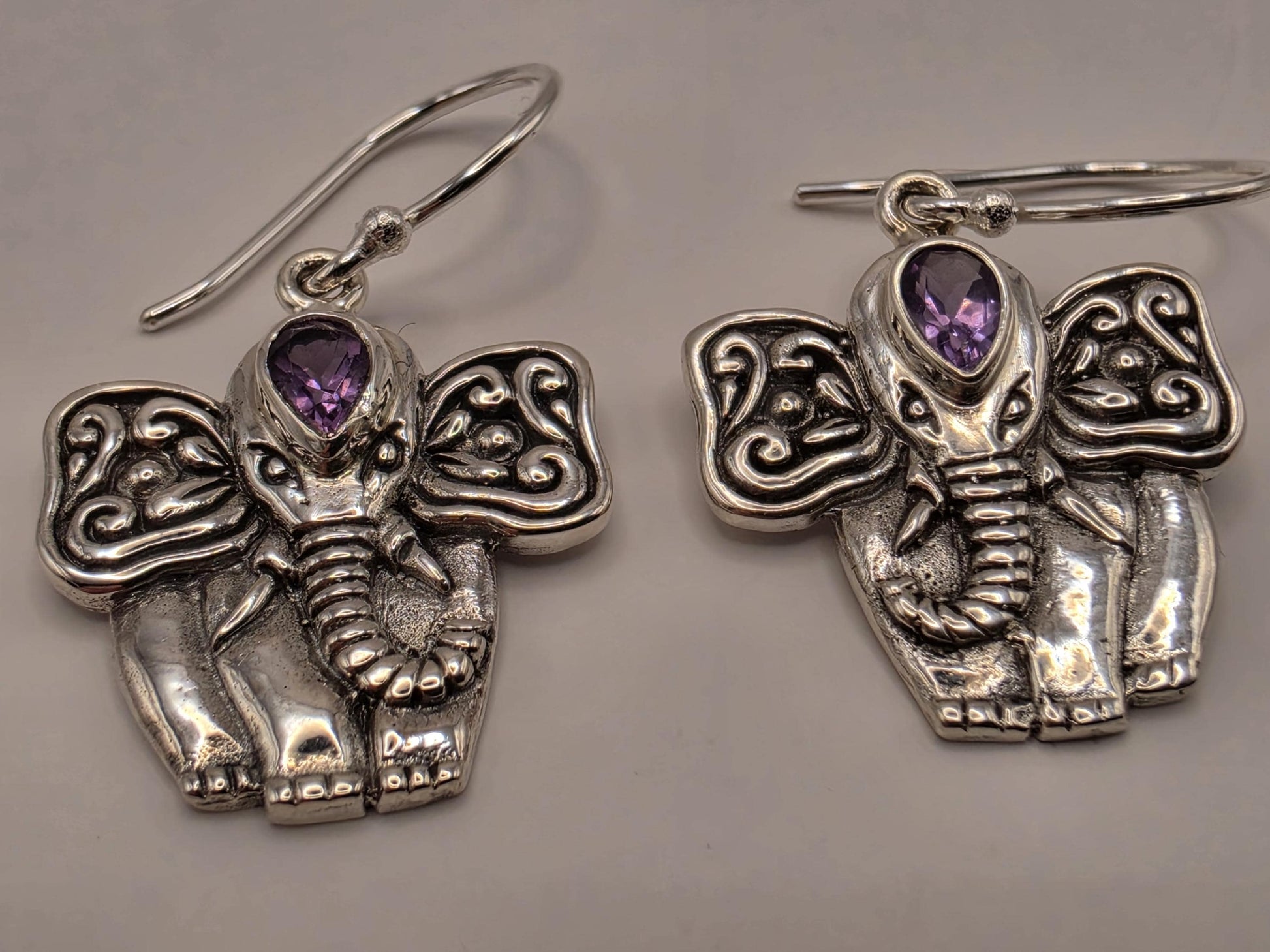 Amethyst Elephant Earrings Sterling Silver Bali Dangle 0.75 Inch Purple Gemstone Animal Lover Good Luck Gift for Her