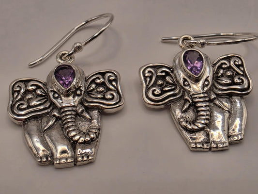 Amethyst Elephant Earrings Sterling Silver Bali Dangle 0.75 Inch Purple Gemstone Animal Lover Good Luck Gift for Her