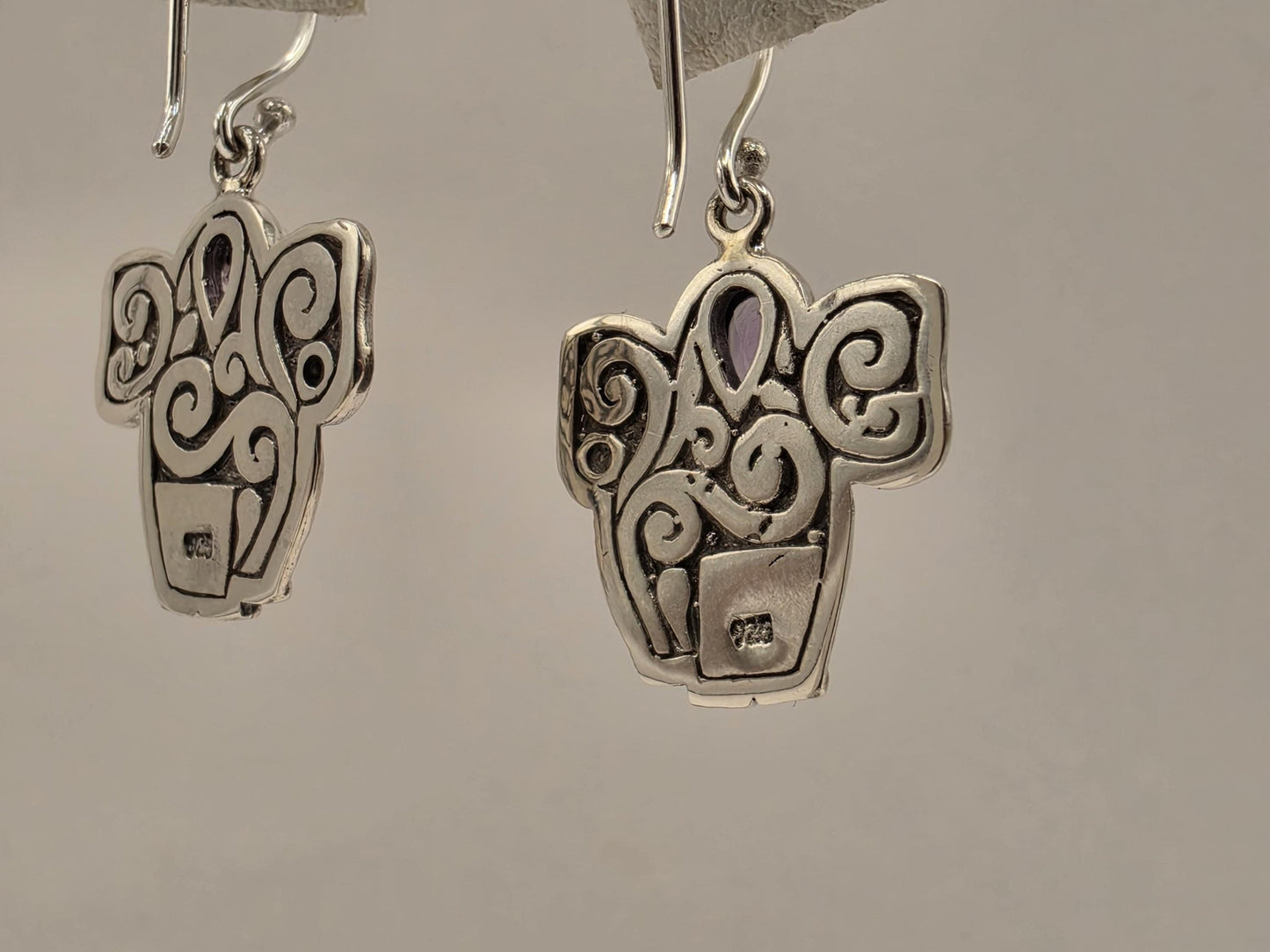 Amethyst Elephant Earrings Sterling Silver Bali Dangle 0.75 Inch Purple Gemstone Animal Lover Good Luck Gift for Her