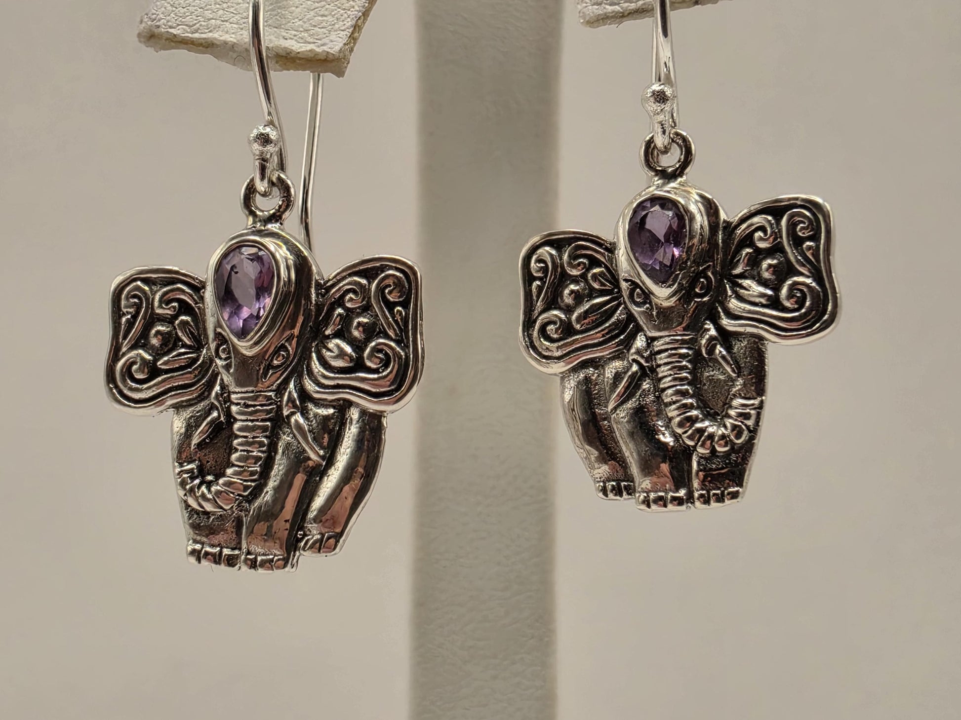 Amethyst Elephant Earrings Sterling Silver Bali Dangle 0.75 Inch Purple Gemstone Animal Lover Good Luck Gift for Her