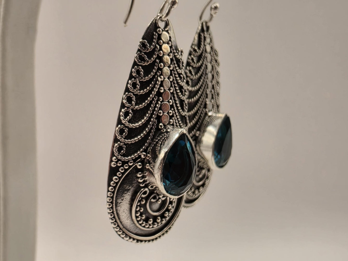 Blue Topaz Earrings Sterling Silver Ornate Teardrop Bali Dangle 1.25 Inch 8 Grams December Birthstone Gift for Her