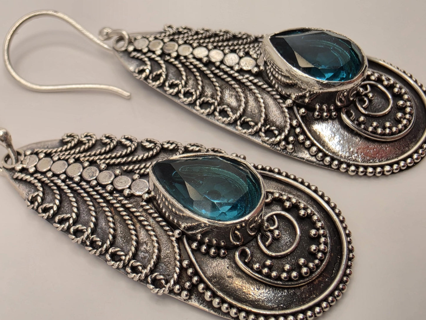 Blue Topaz Earrings Sterling Silver Ornate Teardrop Bali Dangle 1.25 Inch 8 Grams December Birthstone Gift for Her