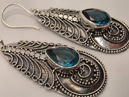 Blue Topaz Earrings Sterling Silver Ornate Teardrop Bali Dangle 1.25 Inch 8 Grams December Birthstone Gift for Her