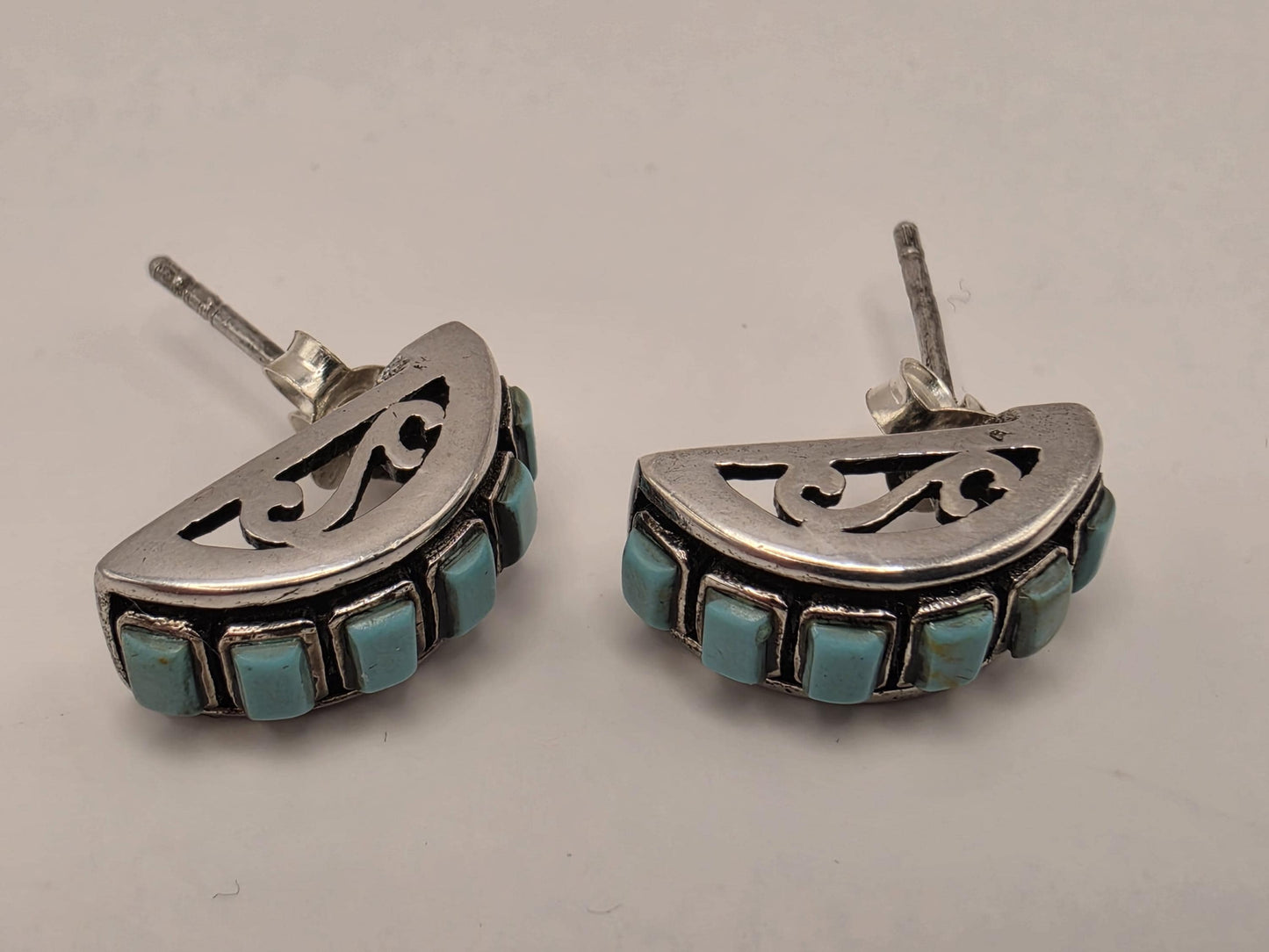 Turquoise Stud Earrings Sterling Silver Half Moon Fan Inlay 0.375 Inch Southwest Geometric Small Gift for Her