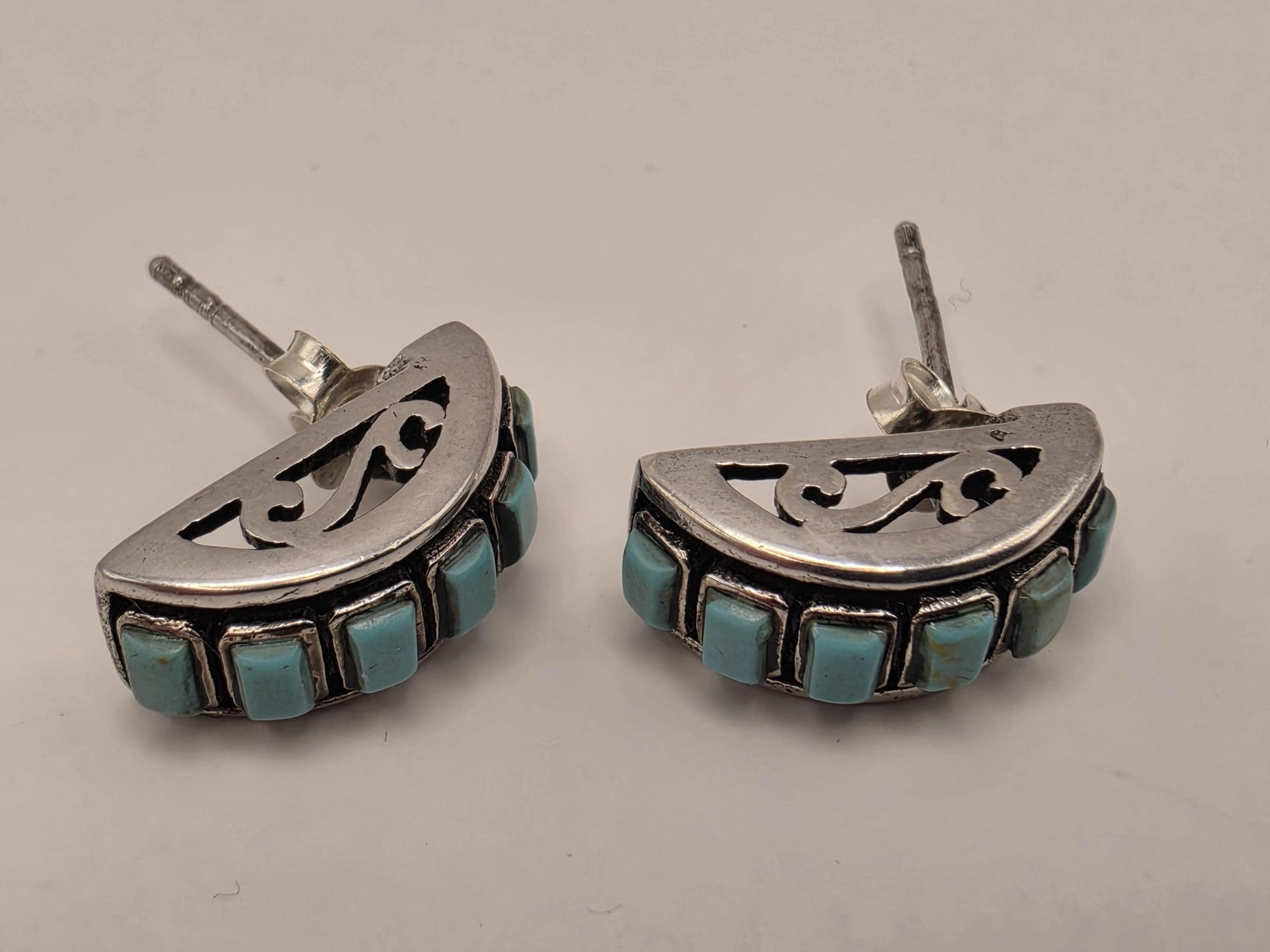 Turquoise Stud Earrings Sterling Silver Half Moon Fan Inlay 0.375 Inch Southwest Geometric Small Gift for Her