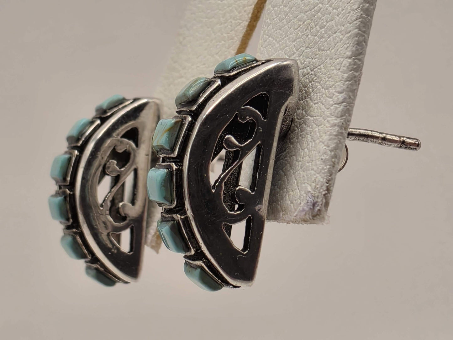 Turquoise Stud Earrings Sterling Silver Half Moon Fan Inlay 0.375 Inch Southwest Geometric Small Gift for Her