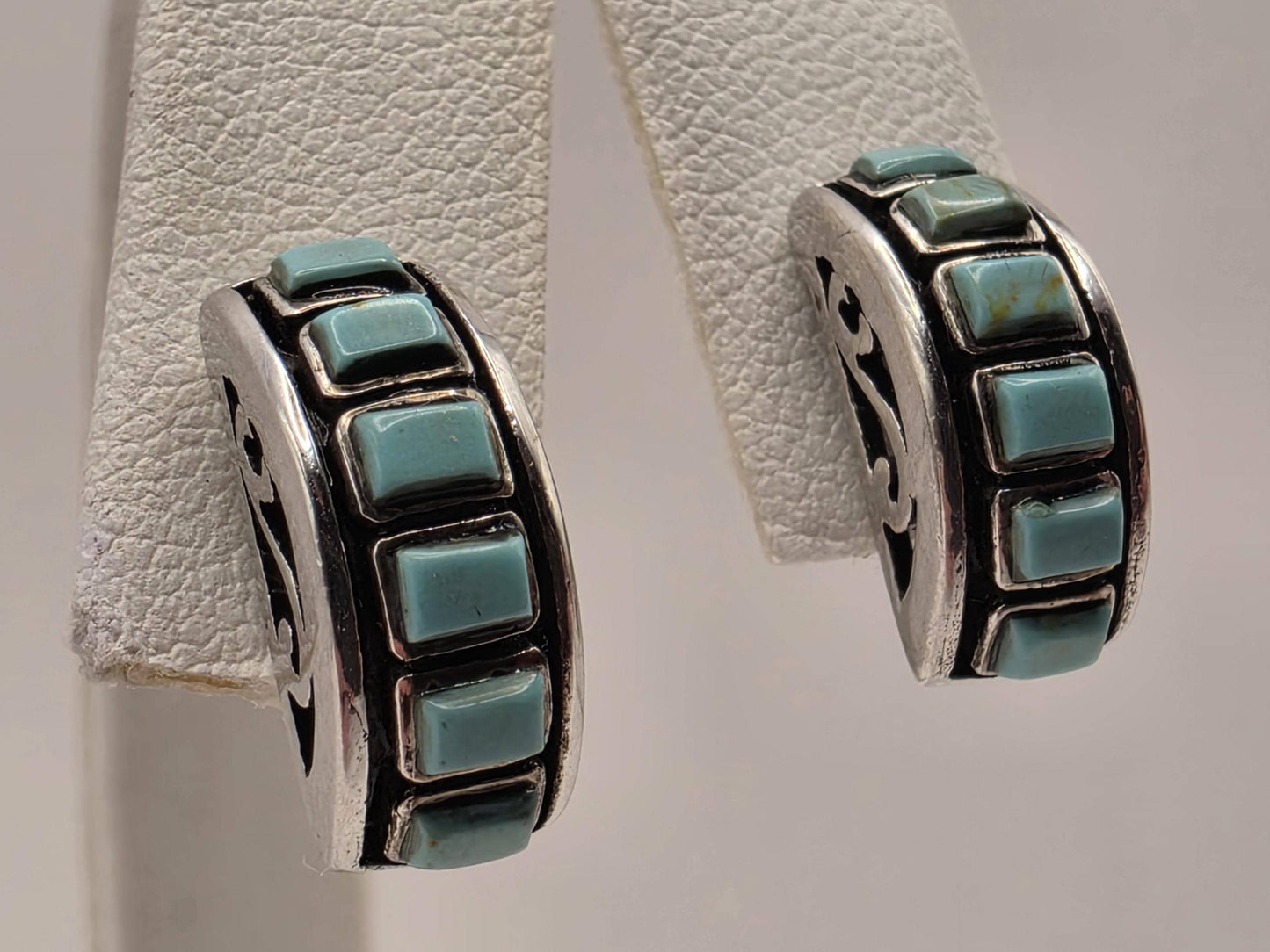 Turquoise Stud Earrings Sterling Silver Half Moon Fan Inlay 0.375 Inch Southwest Geometric Small Gift for Her