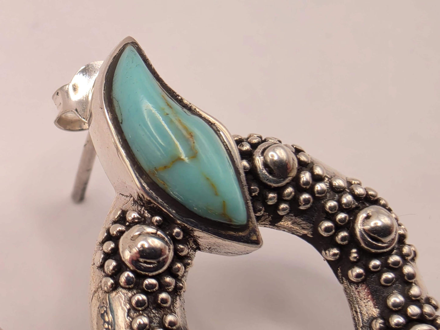Turquoise Statement Earrings Sterling Silver Oval Hoop Dangle Granulated Bali 1 Inch 7.2 Grams Southwest Gift for Her