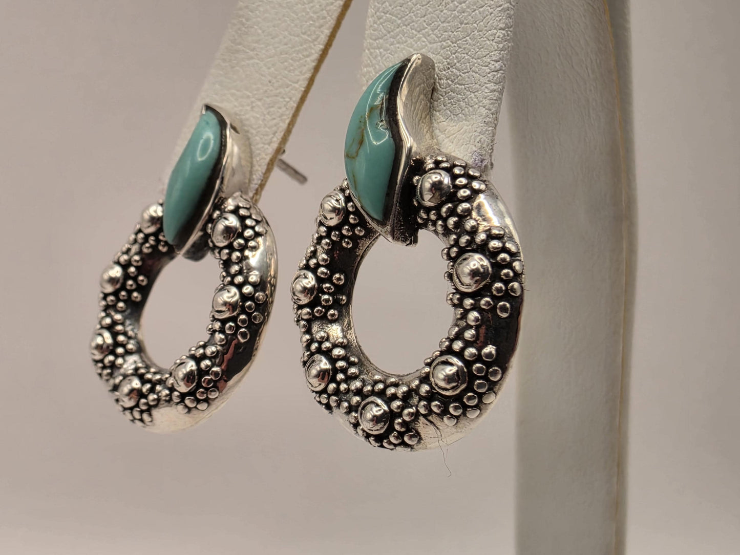 Turquoise Statement Earrings Sterling Silver Oval Hoop Dangle Granulated Bali 1 Inch 7.2 Grams Southwest Gift for Her