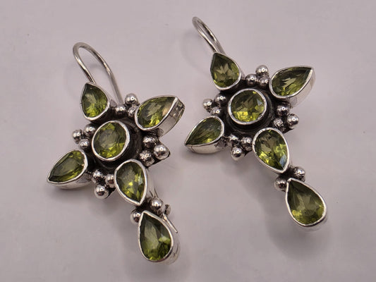 Peridot Cross Earrings Sterling Silver Multi Stone Dangle 1.25 Inch Green Gemstone Christian Faith August Birthstone Gift