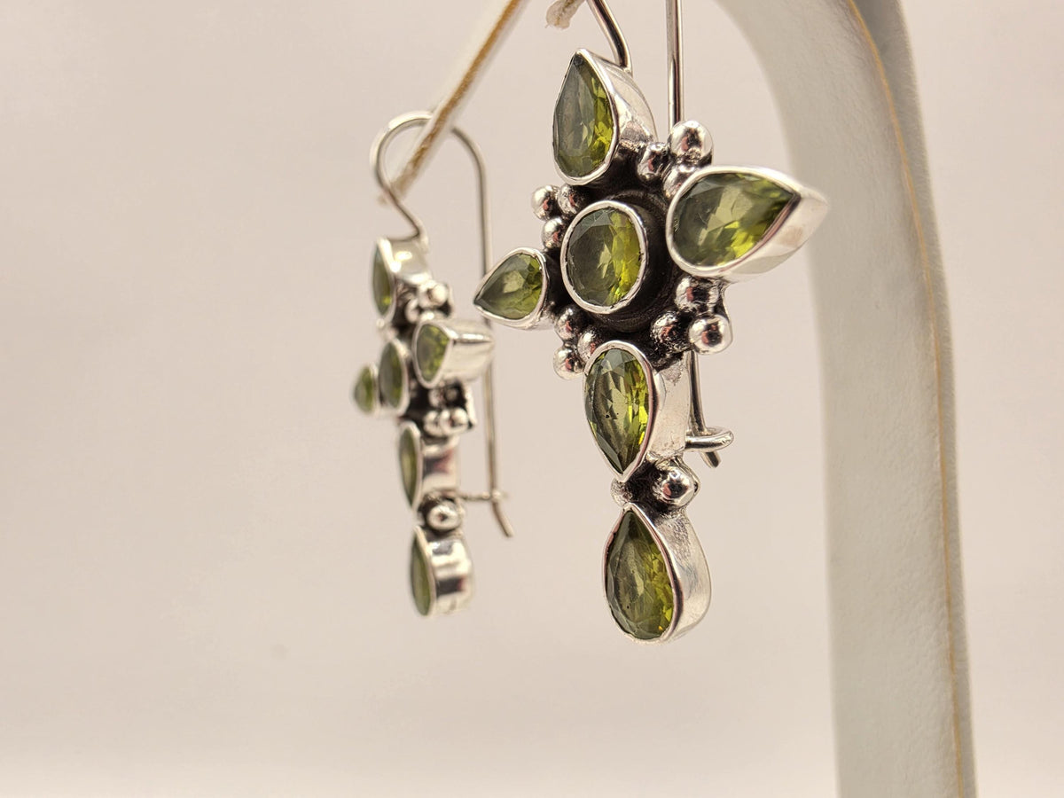 Peridot Cross Earrings Sterling Silver Multi Stone Dangle 1.25 Inch Green Gemstone Christian Faith August Birthstone Gift