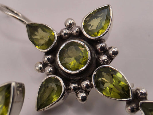 Peridot Cross Earrings Sterling Silver Multi Stone Dangle 1.25 Inch Green Gemstone Christian Faith August Birthstone Gift