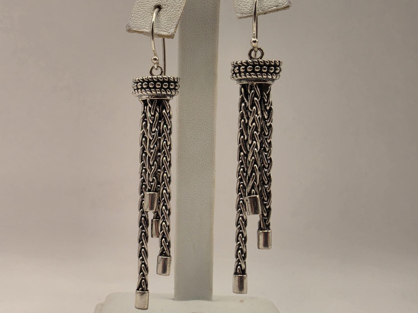 Sterling Silver Tassel Earrings Multi Strand Chain Dangle 2.25 Inch 14.7 Grams Oxidized Bali Statement Gift for Her