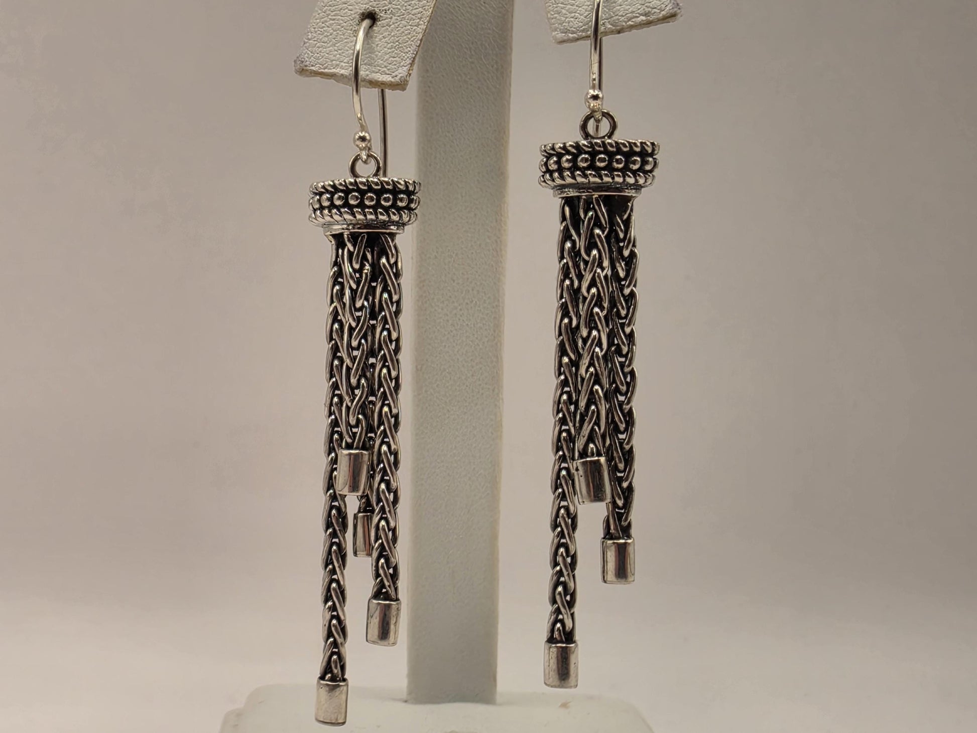 Sterling Silver Tassel Earrings Multi Strand Chain Dangle 2.25 Inch 14.7 Grams Oxidized Bali Statement Gift for Her