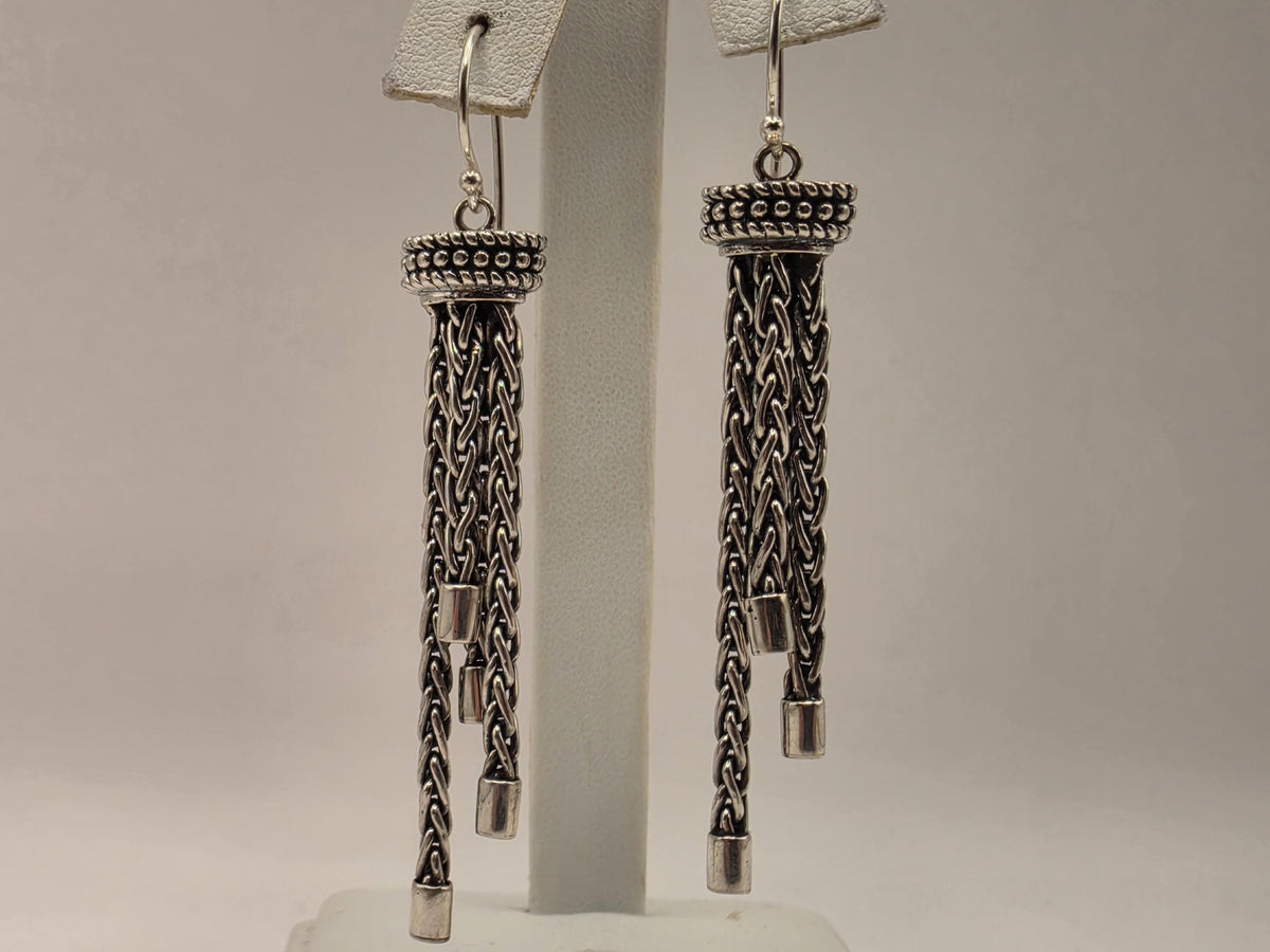 Sterling Silver Tassel Earrings Multi Strand Chain Dangle 2.25 Inch 14.7 Grams Oxidized Bali Statement Gift for Her
