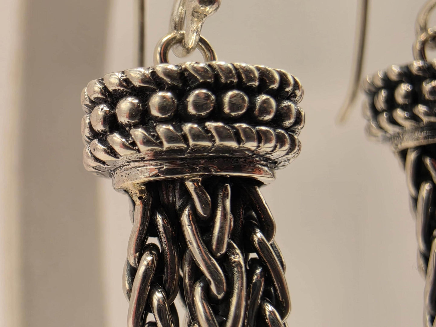 Sterling Silver Tassel Earrings Multi Strand Chain Dangle 2.25 Inch 14.7 Grams Oxidized Bali Statement Gift for Her