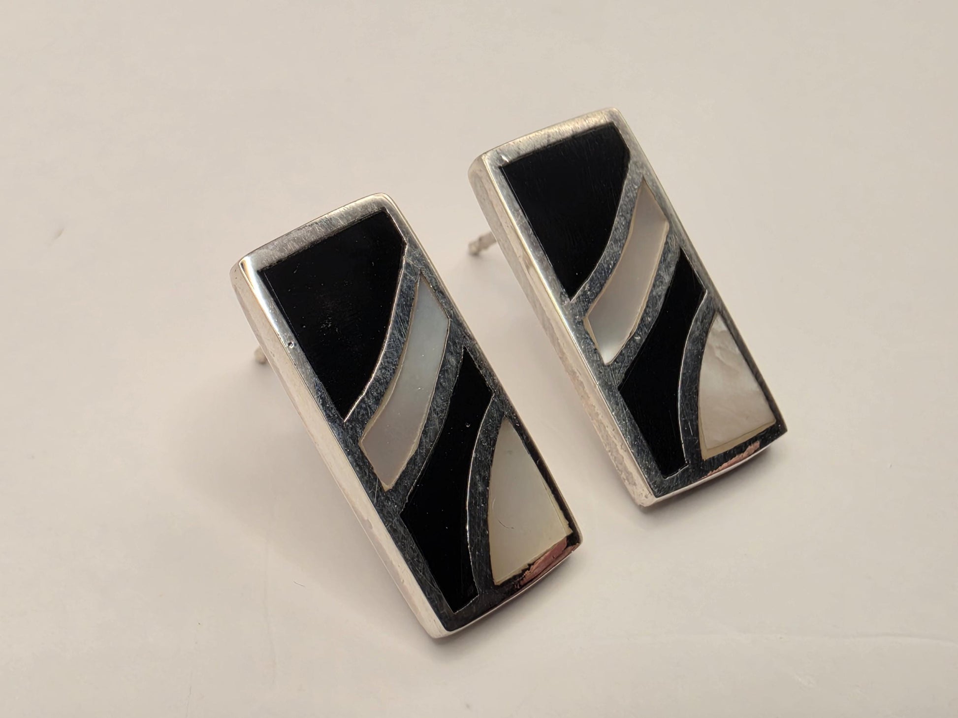 Mother of Pearl Black Onyx Stud Earrings Sterling Silver Geometric Inlay 0.75 Inch Art Deco Rectangle Gift for Her