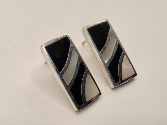 Mother of Pearl Black Onyx Stud Earrings Sterling Silver Geometric Inlay 0.75 Inch Art Deco Rectangle Gift for Her