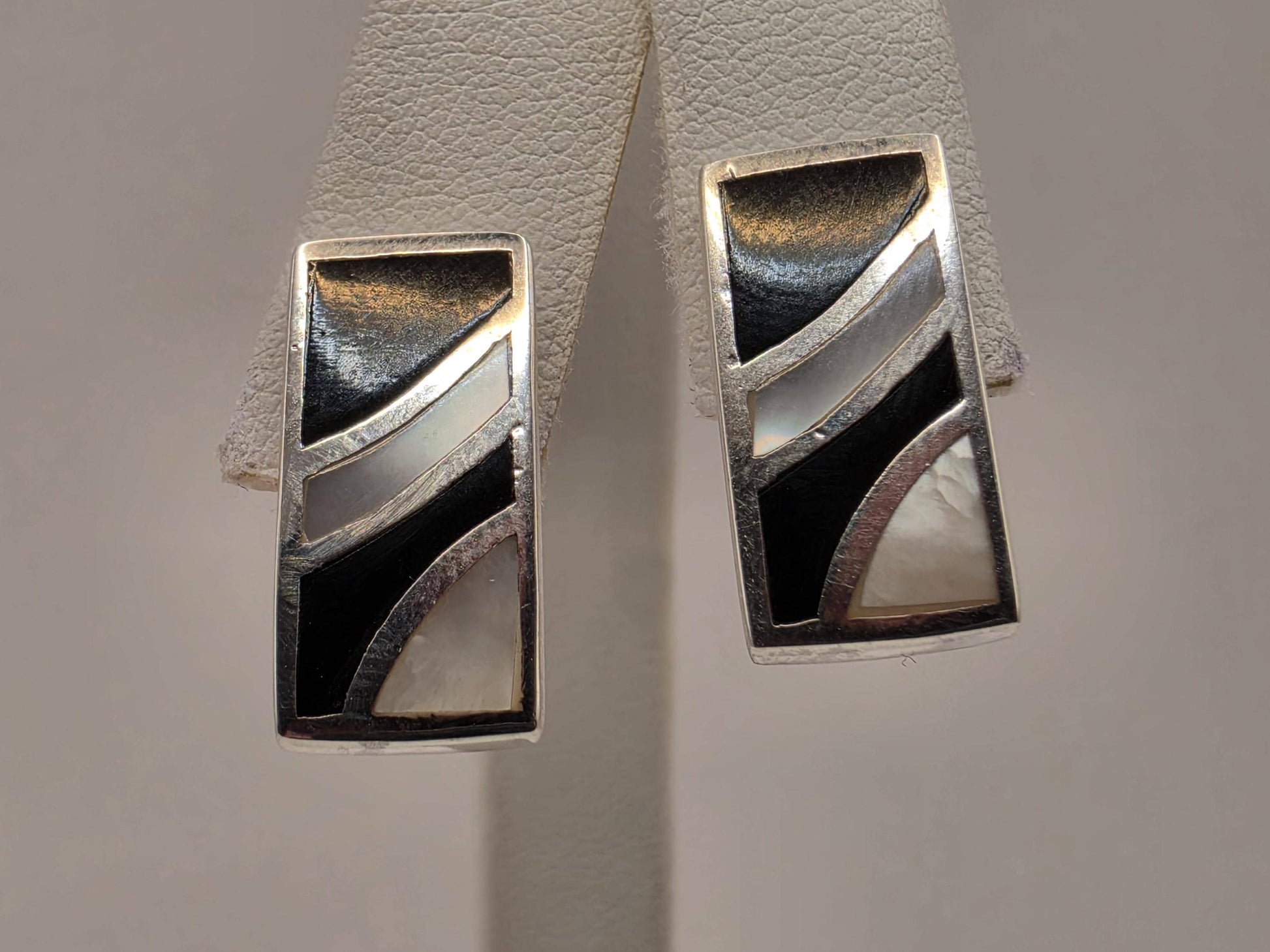 Mother of Pearl Black Onyx Stud Earrings Sterling Silver Geometric Inlay 0.75 Inch Art Deco Rectangle Gift for Her