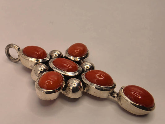 Carnelian Cross Pendant Sterling Silver Six Stone Cabochon 1.75 Inch 8.7 Grams Christian Faith Orange Red Gemstone Gift