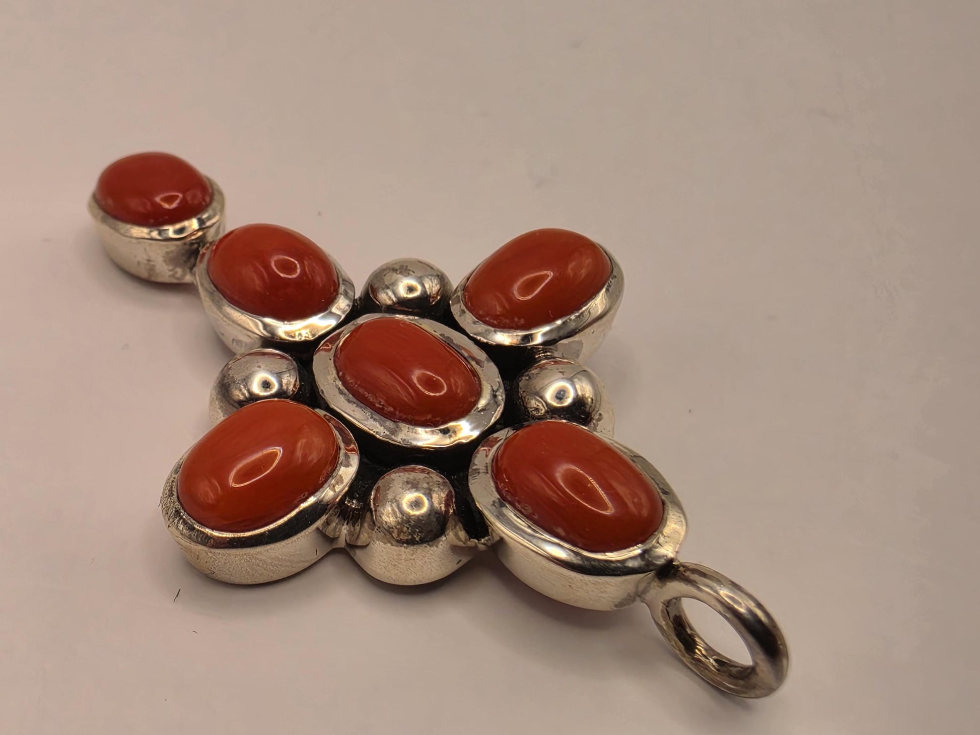 Carnelian Cross Pendant Sterling Silver Six Stone Cabochon 1.75 Inch 8.7 Grams Christian Faith Orange Red Gemstone Gift