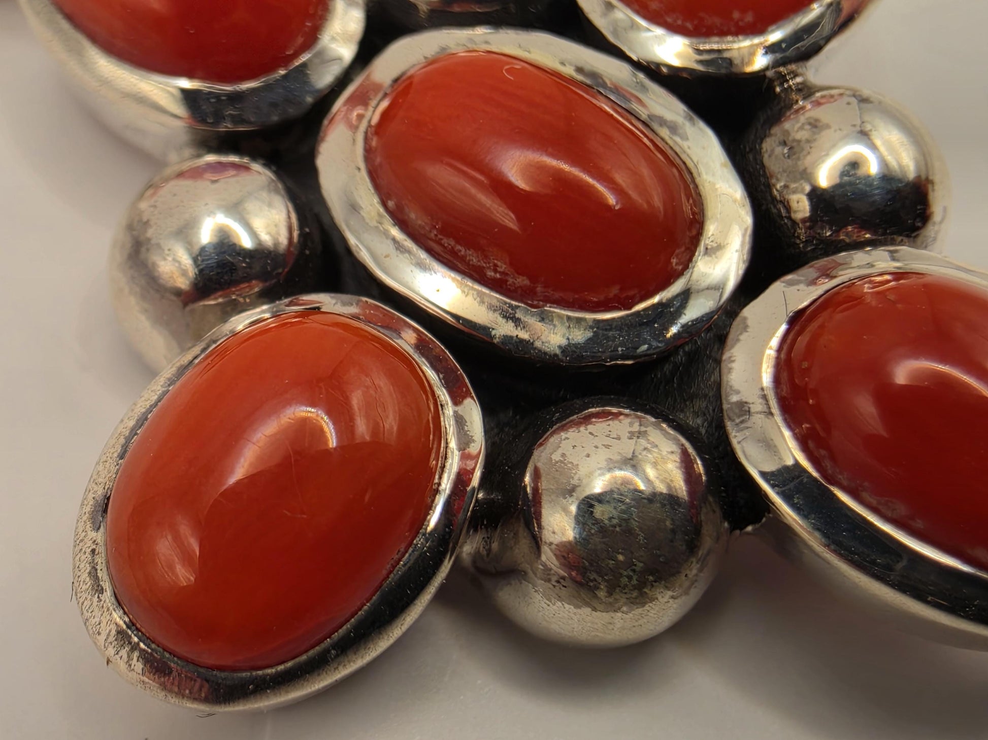 Carnelian Cross Pendant Sterling Silver Six Stone Cabochon 1.75 Inch 8.7 Grams Christian Faith Orange Red Gemstone Gift