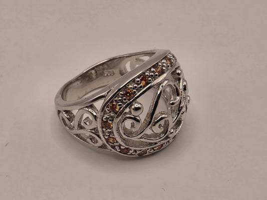 Citrine Ring Sterling Silver Filigree Scroll Band Size 8 8.2 Grams Yellow Gemstone November Birthstone Statement Ring
