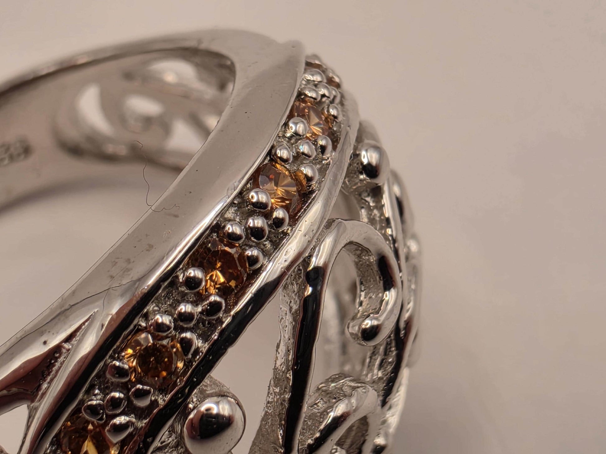 Citrine Ring Sterling Silver Filigree Scroll Band Size 8 8.2 Grams Yellow Gemstone November Birthstone Statement Ring