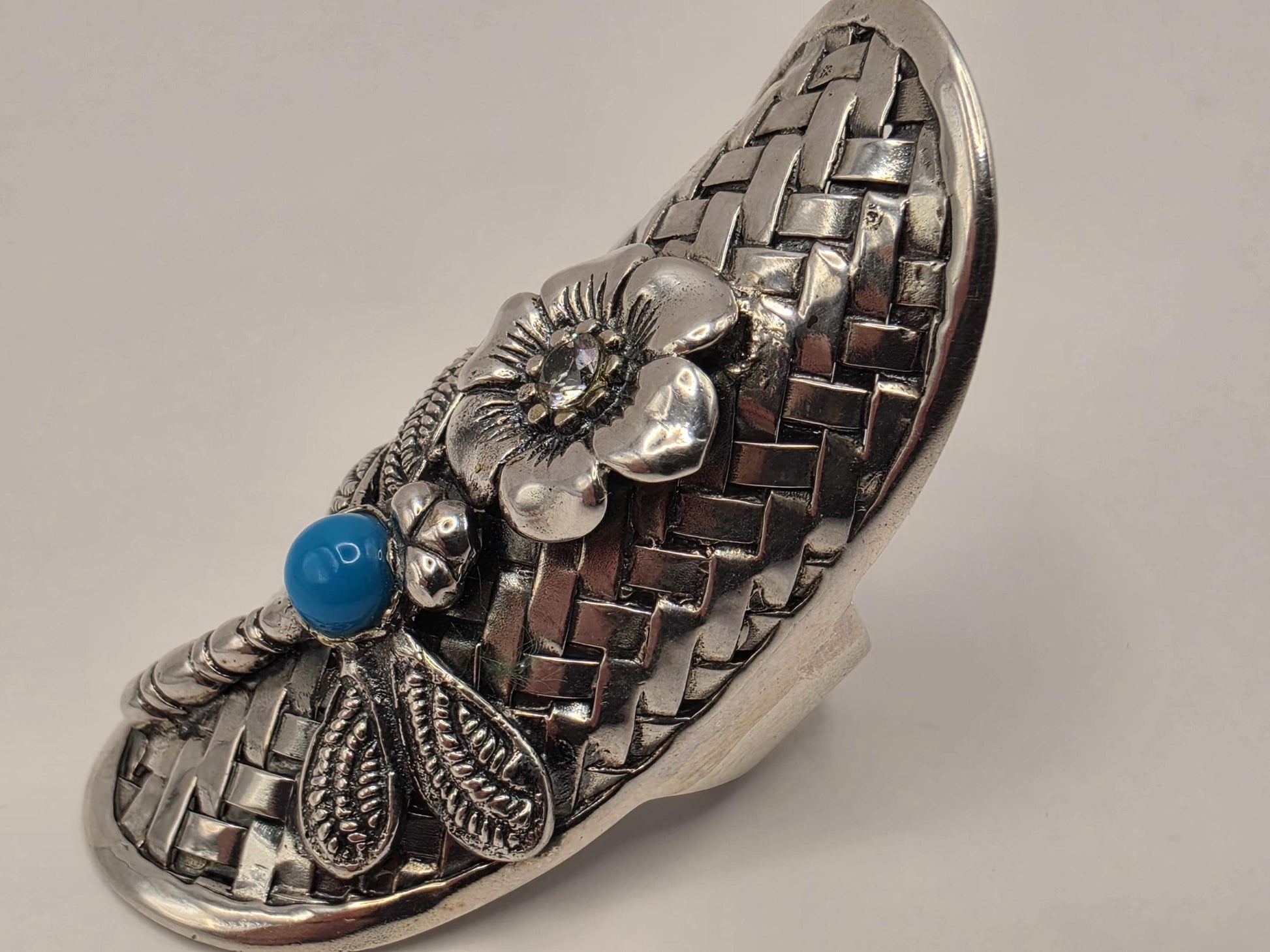 Turquoise CZ Dragonfly Ring Sterling Silver Floral Shield Statement Size 6 9.2 Grams Nature Boho Gift for Her