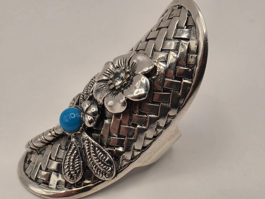 Turquoise CZ Dragonfly Ring Sterling Silver Floral Shield Statement Size 6 9.2 Grams Nature Boho Gift for Her