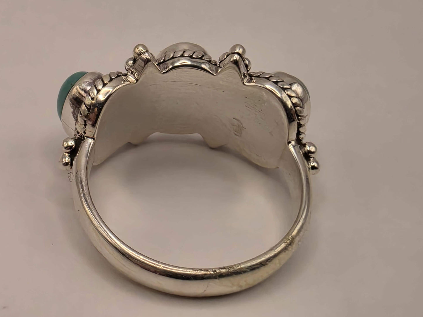 Three Stone Turquoise Ring Sterling Silver Bali Ropework Size 7 6.3 Grams Cabochon Southwest Statement Gift for Her