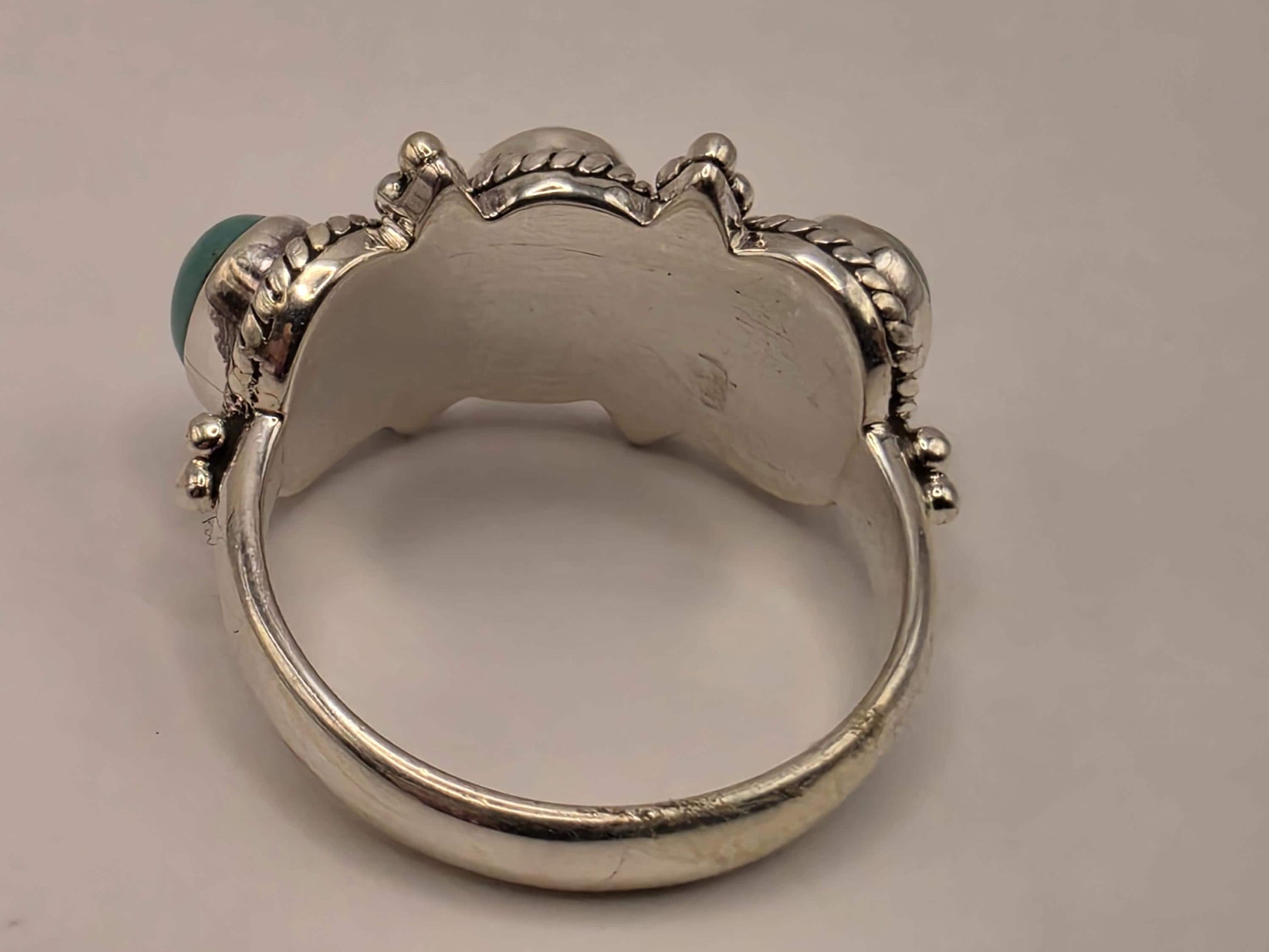 Three Stone Turquoise Ring Sterling Silver Bali Ropework Size 7 6.3 Grams Cabochon Southwest Statement Gift for Her